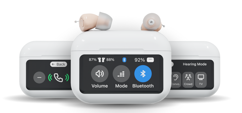 Hearing aid device with control panel on a white background