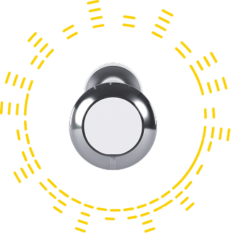 Metallic door handle with yellow dashed lines on a white background
