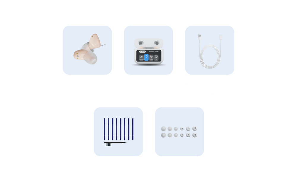 A set of five small product components arranged in a 2x3 grid on a white background: a beige earpiece, a small electronic device with a screen, a white cable, a black-and-white striped rectangular piece, and a row of round silver beads or buttons.