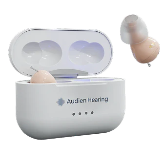 Audien Hearing device in a white case on a white background