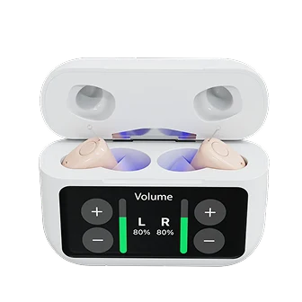 White wireless earbuds with charging case and volume control display on a white background