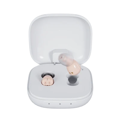 Audien Hearing Atom One hearing aids in open square charging case with one device elevated 