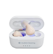 Audien Hearing Atom 2 hearing aids with open charging case showing one device elevated 
