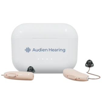 Audien Hearing device with charging case on a white background